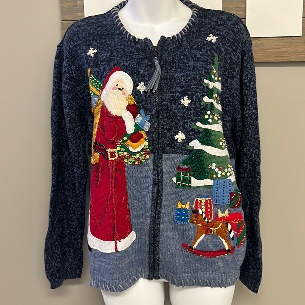TIARA International 2003 Vintage Heather Blue Christmas  Sweater Cardigan- Large